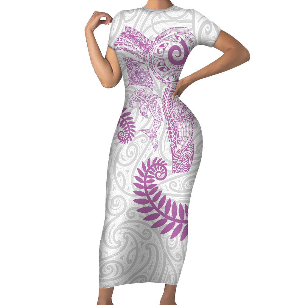 Aotearoa Maori Sea Animals Tribal Short Sleeve Bodycon Dress Manta Ray and Shark Moko Pattern Pink Color LT03 Long Dress Pink - Polynesian Pride