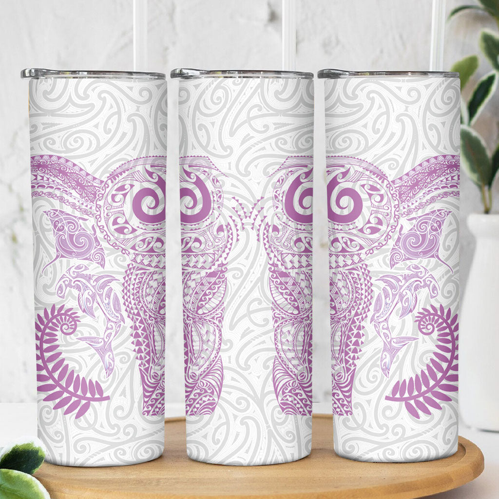 Aotearoa Maori Sea Animals Tribal Skinny Tumbler Manta Ray and Shark Moko Pattern Pink Color