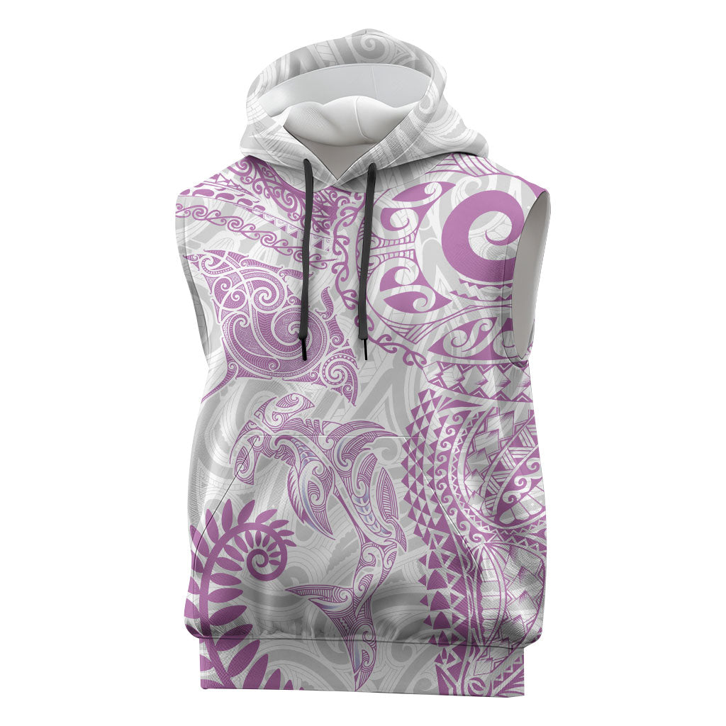 Aotearoa Maori Sea Animals Tribal Sleeveless Hoodie Manta Ray and Shark Moko Pattern Pink Color