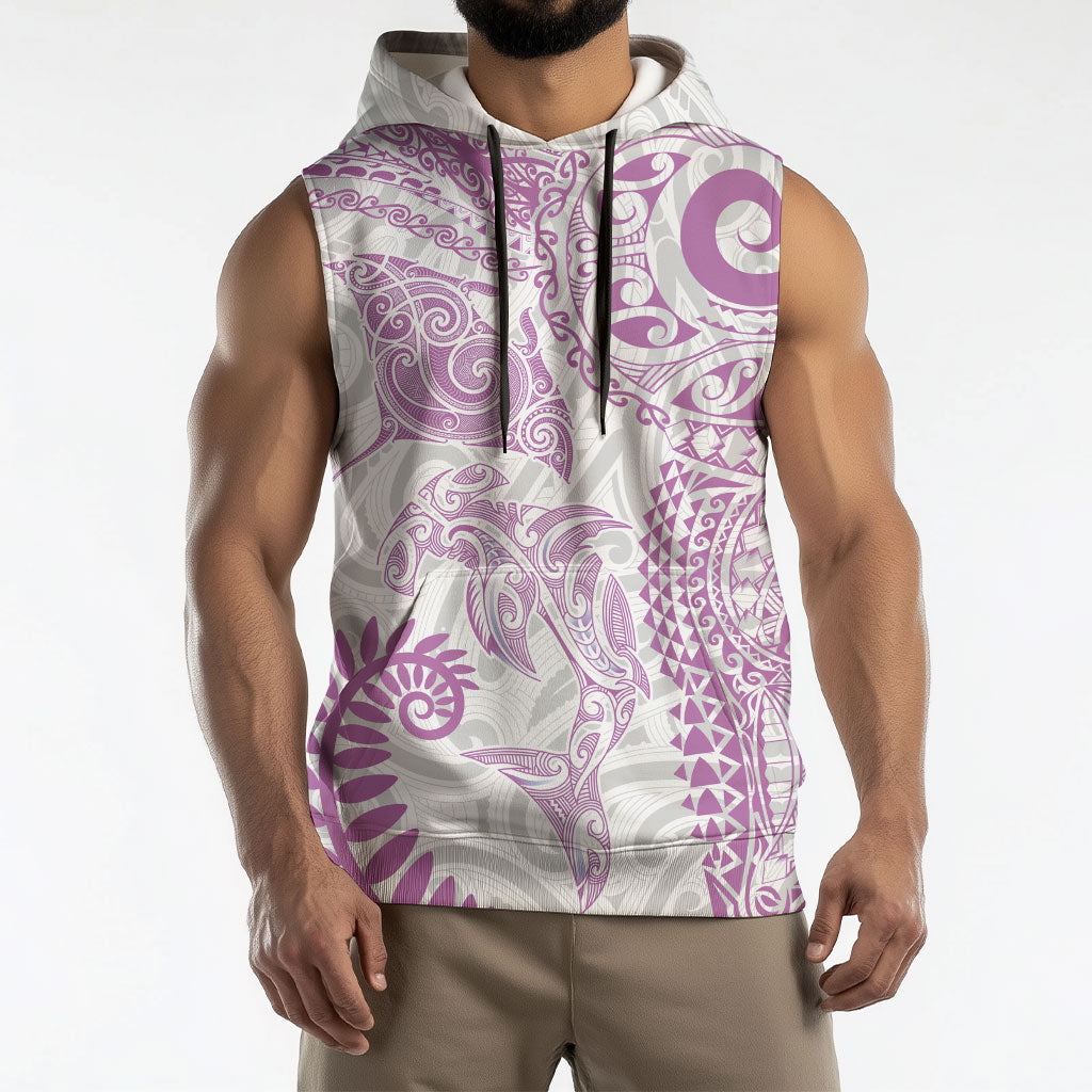 Aotearoa Maori Sea Animals Tribal Sleeveless Hoodie Manta Ray and Shark Moko Pattern Pink Color