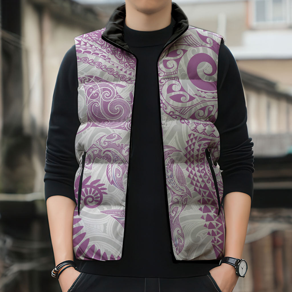 Aotearoa Maori Sea Animals Tribal Sleeveless Puffer Jacket Manta Ray and Shark Moko Pattern Pink Color LT03 - Polynesian Pride