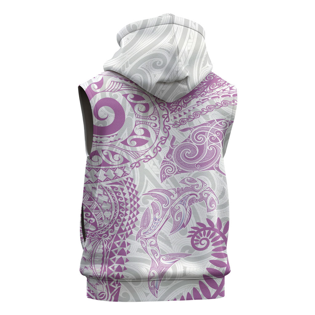 Aotearoa Maori Sea Animals Tribal Sleeveless Zip Hoodie Manta Ray and Shark Moko Pattern Pink Color