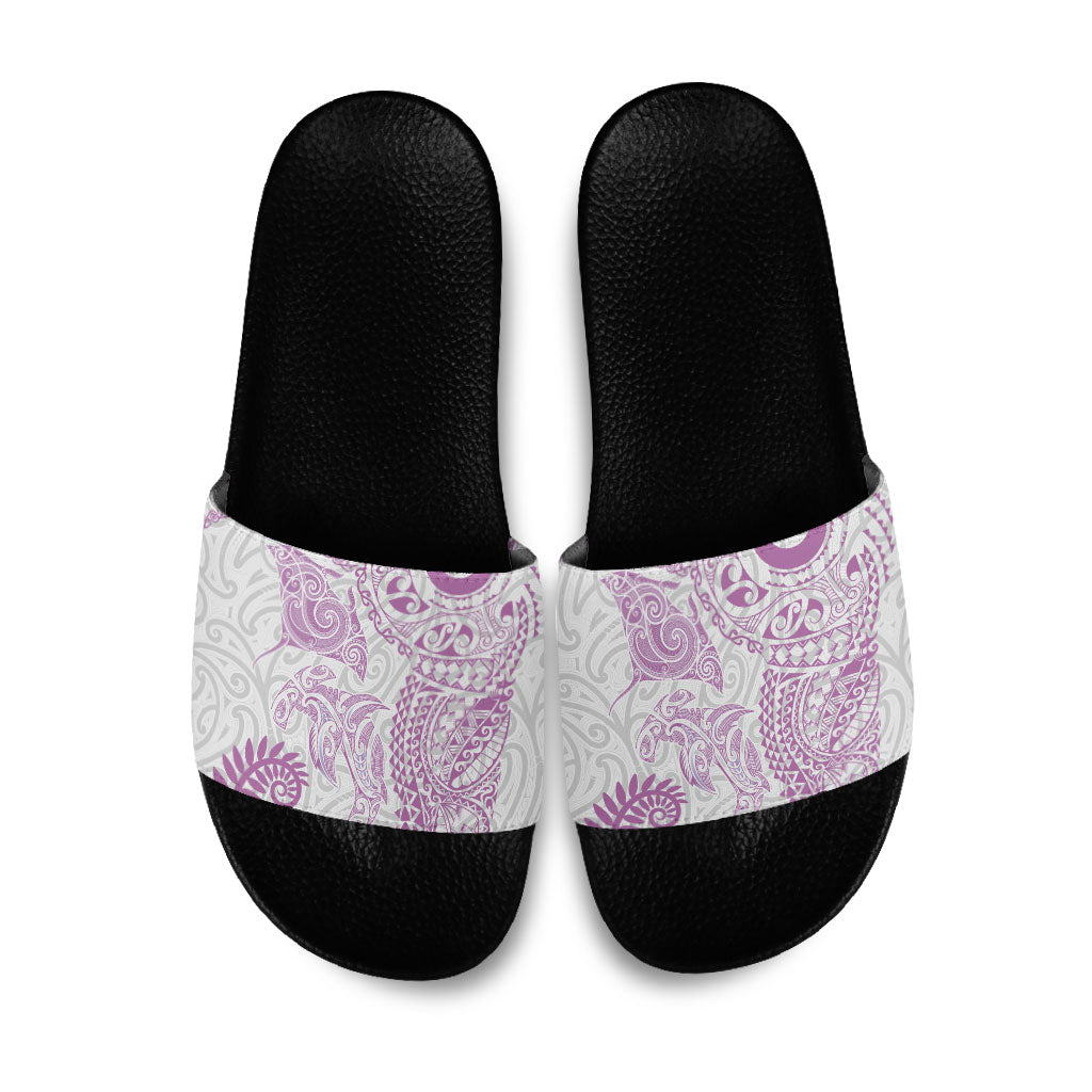 Aotearoa Maori Sea Animals Tribal Slide Sandals Manta Ray and Shark Moko Pattern Pink Color LT03 Pink - Polynesian Pride