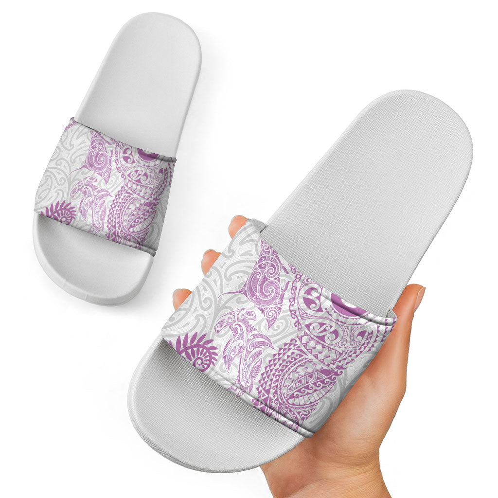 Aotearoa Maori Sea Animals Tribal Slide Sandals Manta Ray and Shark Moko Pattern Pink Color LT03 - Polynesian Pride