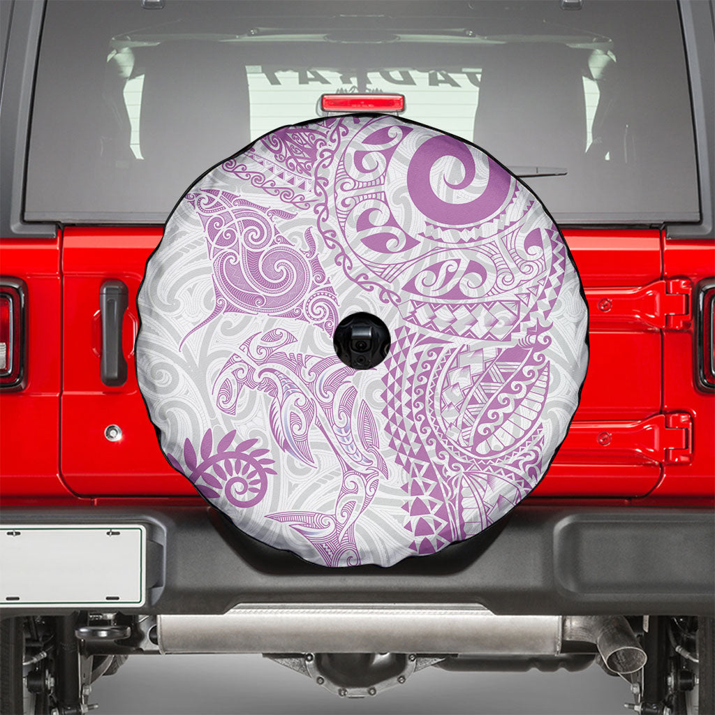 Aotearoa Maori Sea Animals Tribal Spare Tire Cover Manta Ray and Shark Moko Pattern Pink Color