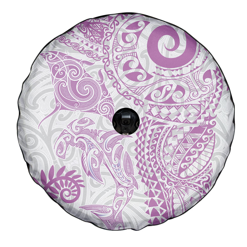 Aotearoa Maori Sea Animals Tribal Spare Tire Cover Manta Ray and Shark Moko Pattern Pink Color