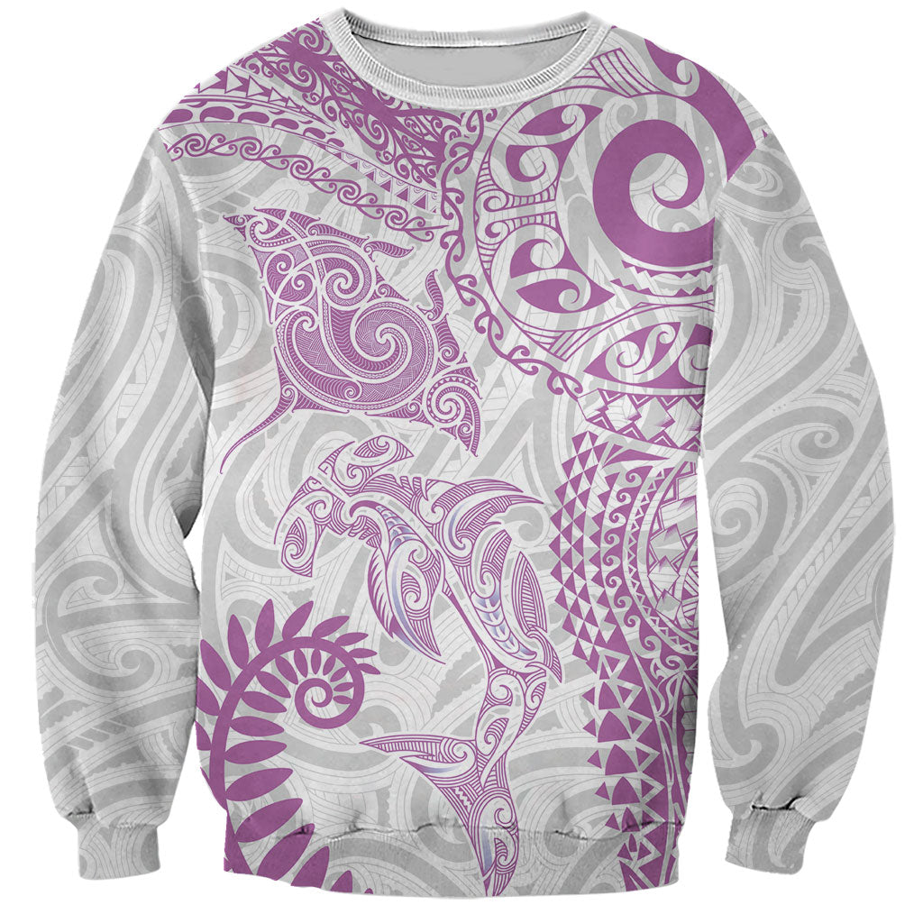 Aotearoa Maori Sea Animals Tribal Sweatshirt Manta Ray and Shark Moko Pattern Pink Color LT03 Unisex Pink - Polynesian Pride