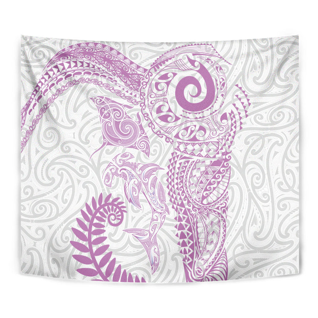 Aotearoa Maori Sea Animals Tribal Tapestry Manta Ray and Shark Moko Pattern Pink Color LT03 - Polynesian Pride