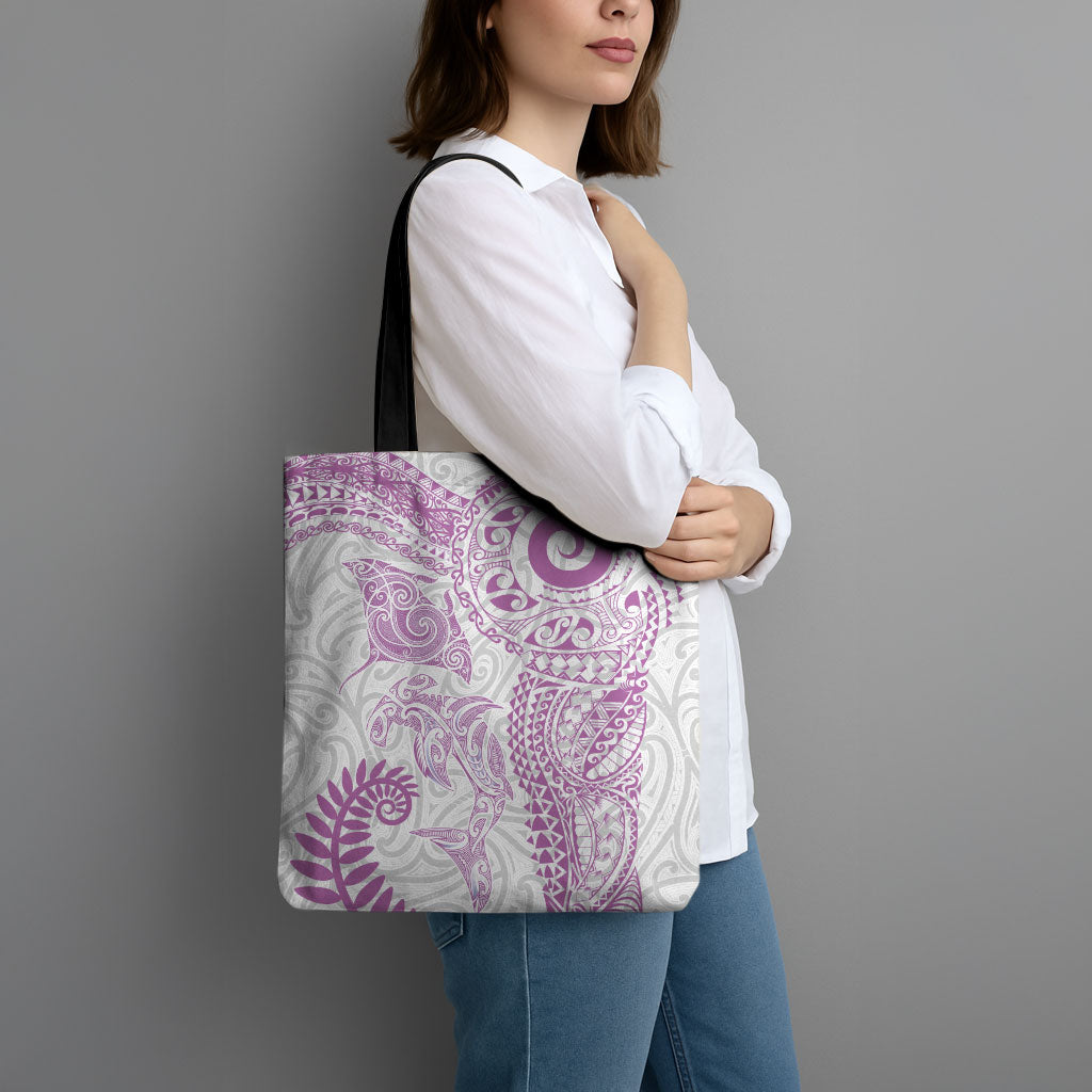 Aotearoa Maori Sea Animals Tribal Tote Bag Manta Ray and Shark Moko Pattern Pink Color