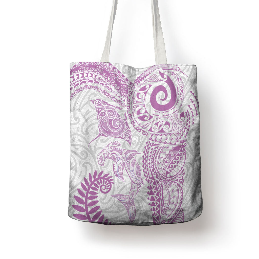 Aotearoa Maori Sea Animals Tribal Tote Bag Manta Ray and Shark Moko Pattern Pink Color