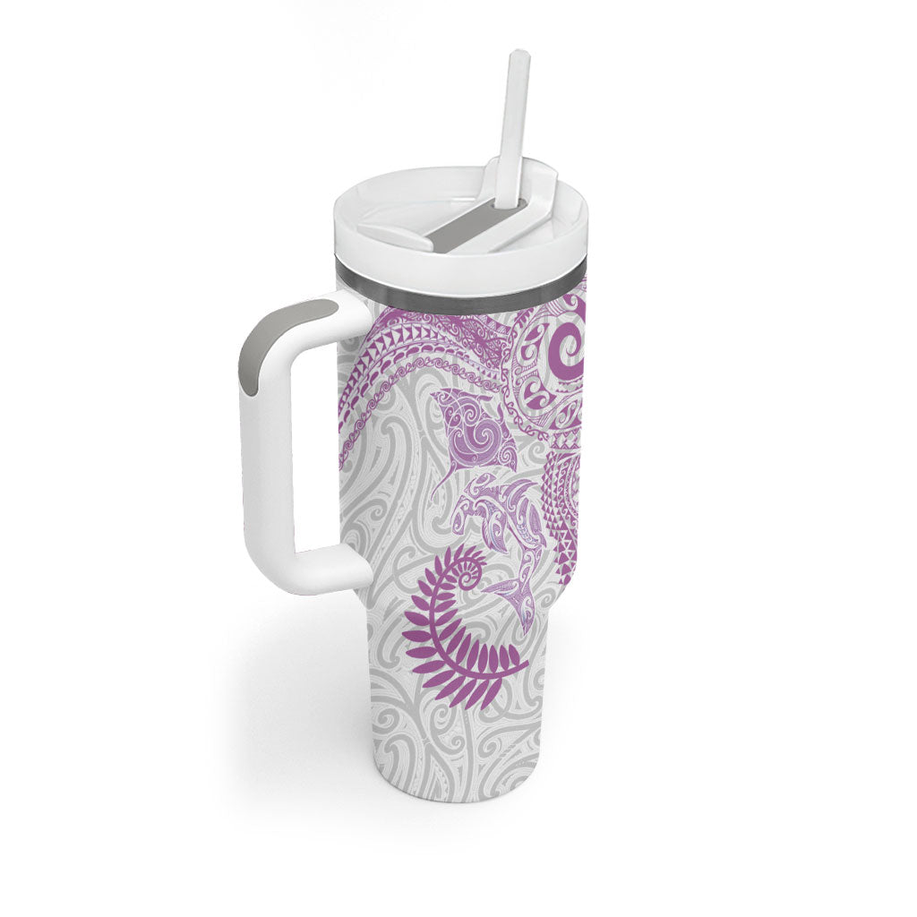 Aotearoa Maori Sea Animals Tribal Tumbler With Handle Manta Ray and Shark Moko Pattern Pink Color