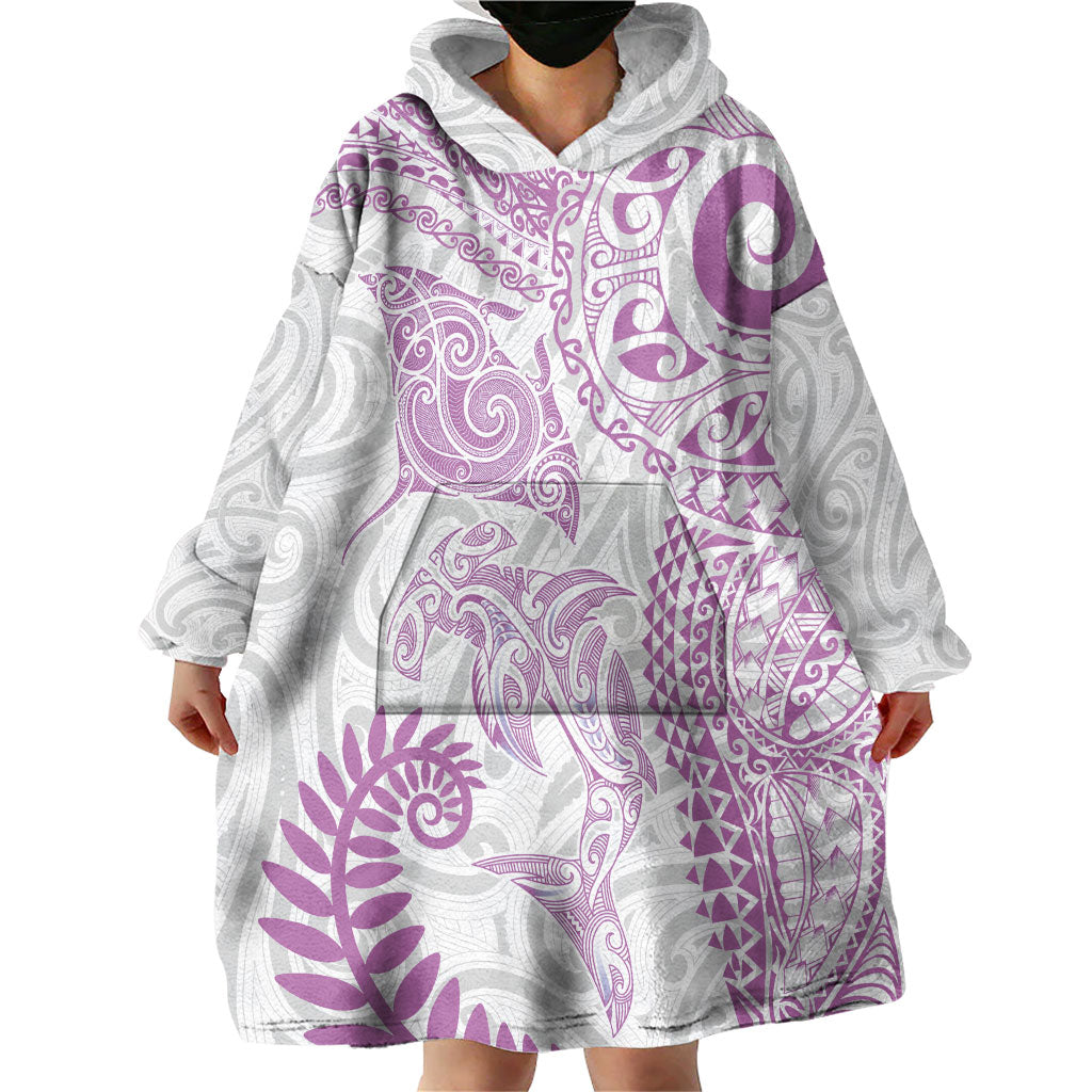 Aotearoa Maori Sea Animals Tribal Wearable Blanket Hoodie Manta Ray and Shark Moko Pattern Pink Color