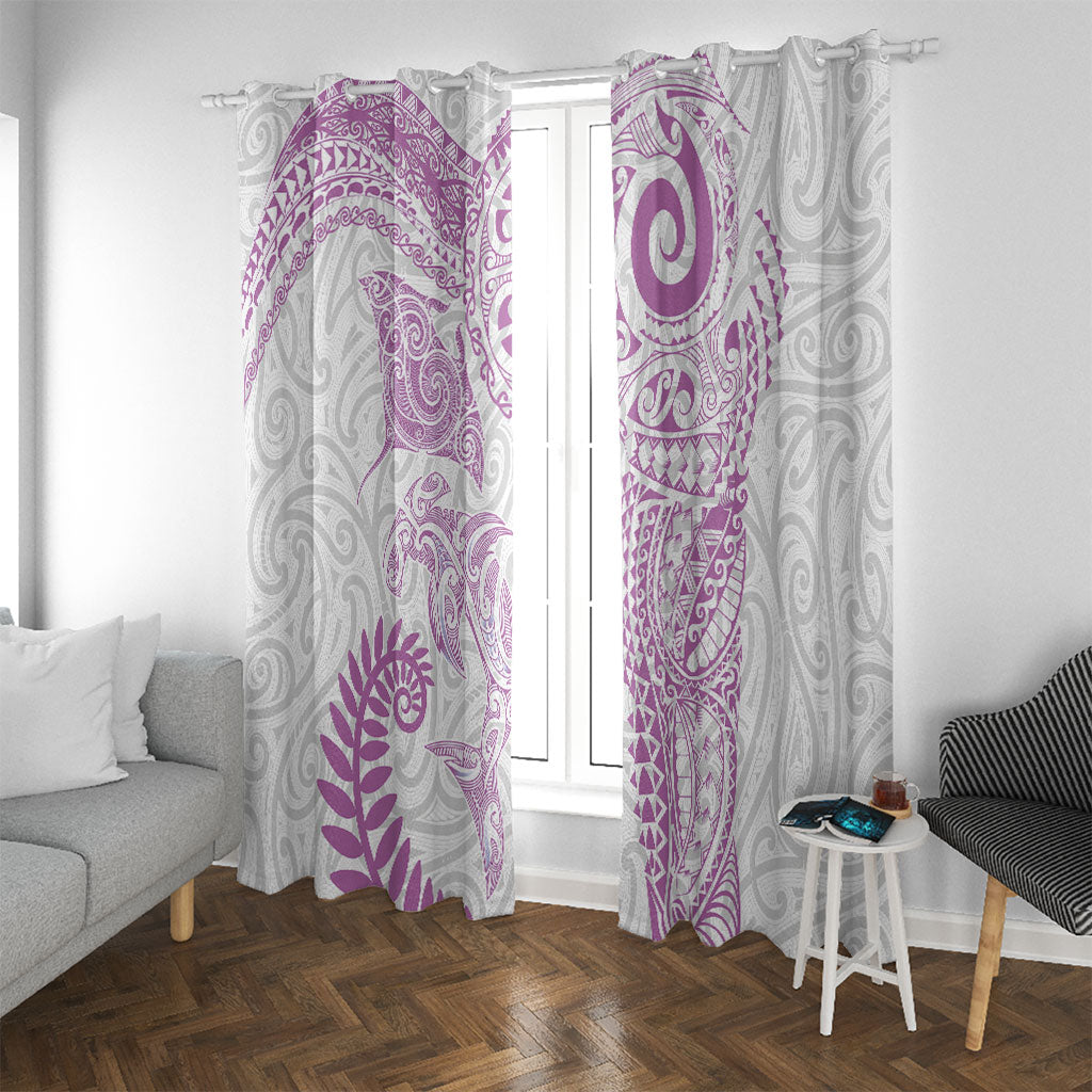 Aotearoa Maori Sea Animals Tribal Window Curtain Manta Ray and Shark Moko Pattern Pink Color