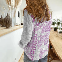 Aotearoa Maori Sea Animals Tribal Women Casual Shirt Manta Ray and Shark Moko Pattern Pink Color