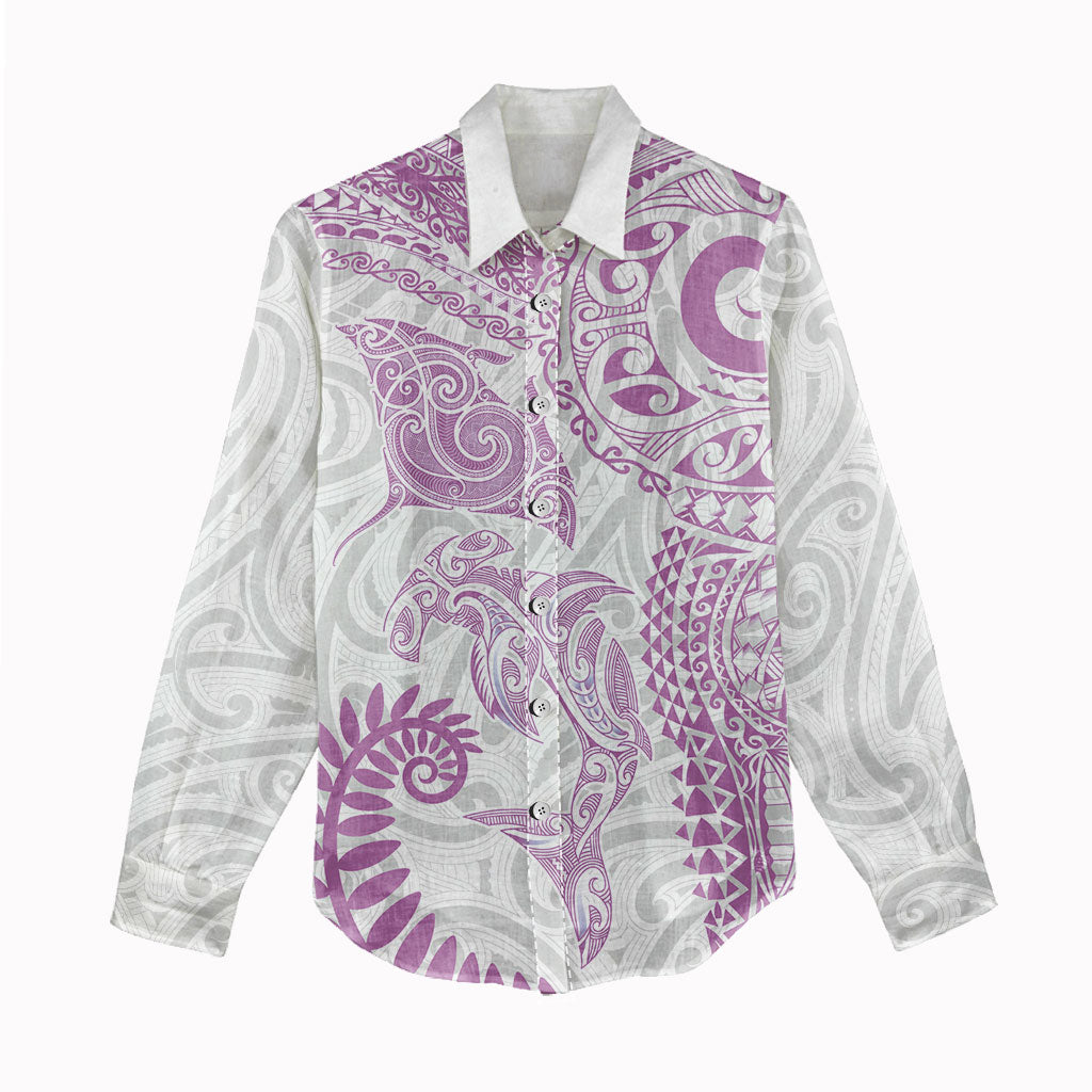 Aotearoa Maori Sea Animals Tribal Women Casual Shirt Manta Ray and Shark Moko Pattern Pink Color