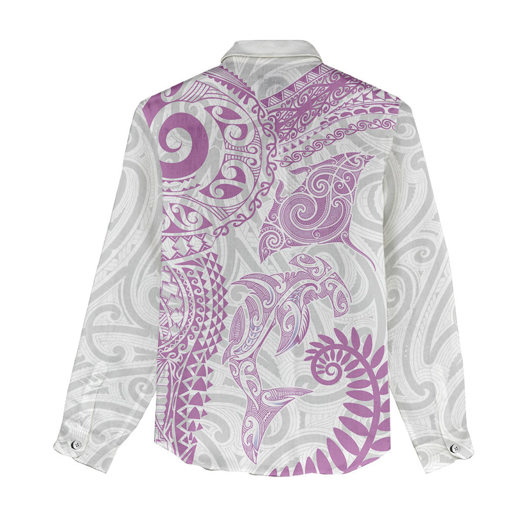 Aotearoa Maori Sea Animals Tribal Women Casual Shirt Manta Ray and Shark Moko Pattern Pink Color