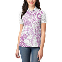 Aotearoa Maori Sea Animals Tribal Women Polo Shirt Manta Ray and Shark Moko Pattern Pink Color