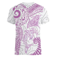 Aotearoa Maori Sea Animals Tribal Women V-Neck T-Shirt Manta Ray and Shark Moko Pattern Pink Color