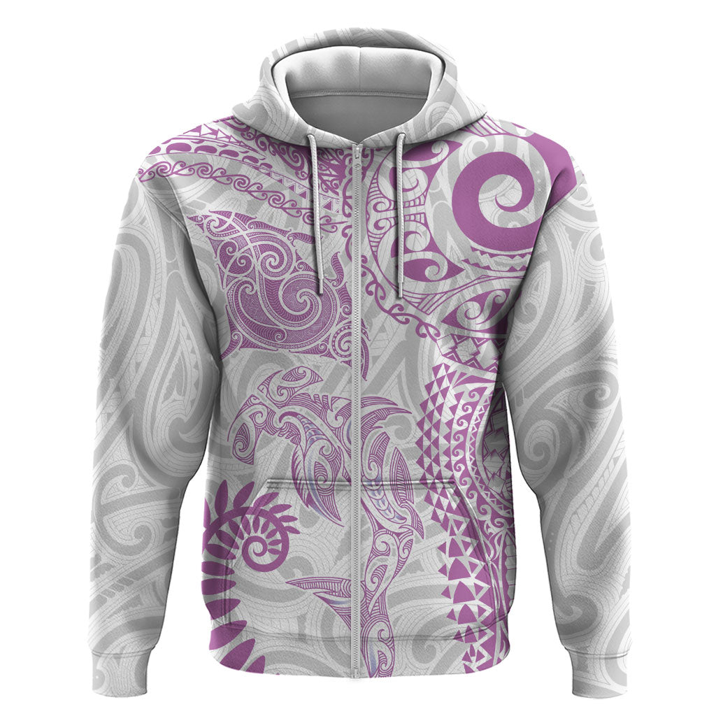 Aotearoa Maori Sea Animals Tribal Zip Hoodie Manta Ray and Shark Moko Pattern Pink Color