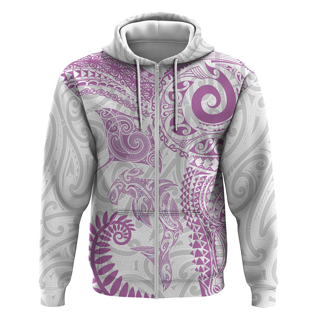 Aotearoa Maori Sea Animals Tribal Zip Hoodie Manta Ray and Shark Moko Pattern Pink Color LT03 Zip Hoodie Pink - Polynesian Pride