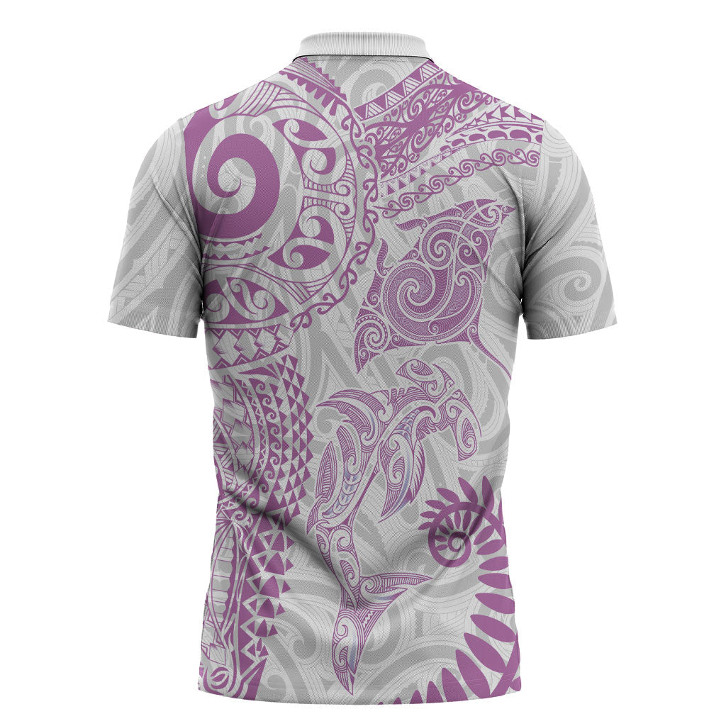 Aotearoa Maori Sea Animals Tribal Zipper Polo Shirt Manta Ray and Shark Moko Pattern Pink Color