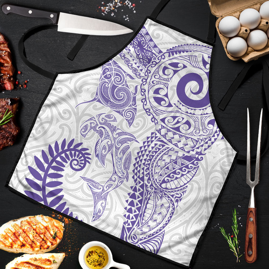 Aotearoa Maori Sea Animals Tribal Apron Manta Ray and Shark Moko Pattern Purple Color LT03 Purple - Polynesian Pride