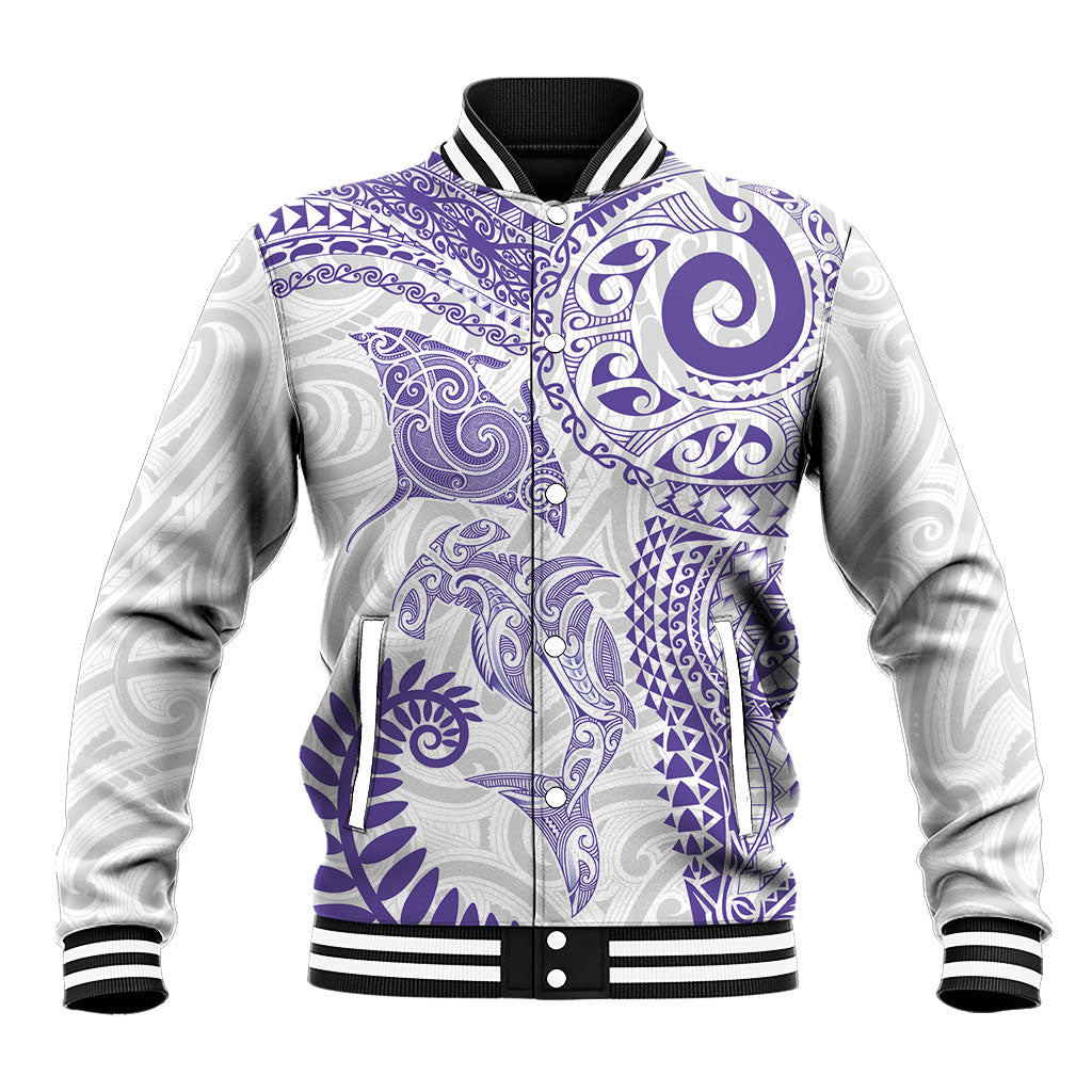 Aotearoa Maori Sea Animals Tribal Baseball Jacket Manta Ray and Shark Moko Pattern Purple Color