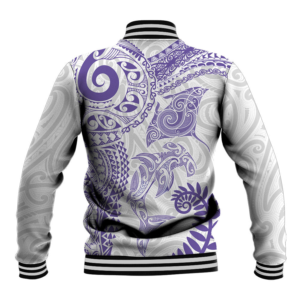 Aotearoa Maori Sea Animals Tribal Baseball Jacket Manta Ray and Shark Moko Pattern Purple Color