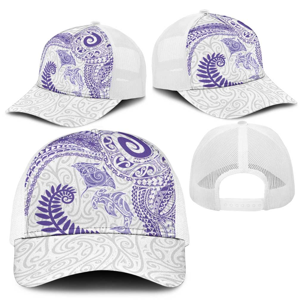Aotearoa Maori Sea Animals Tribal Baseball Net Cap Manta Ray and Shark Moko Pattern Purple Color LT03 - Polynesian Pride