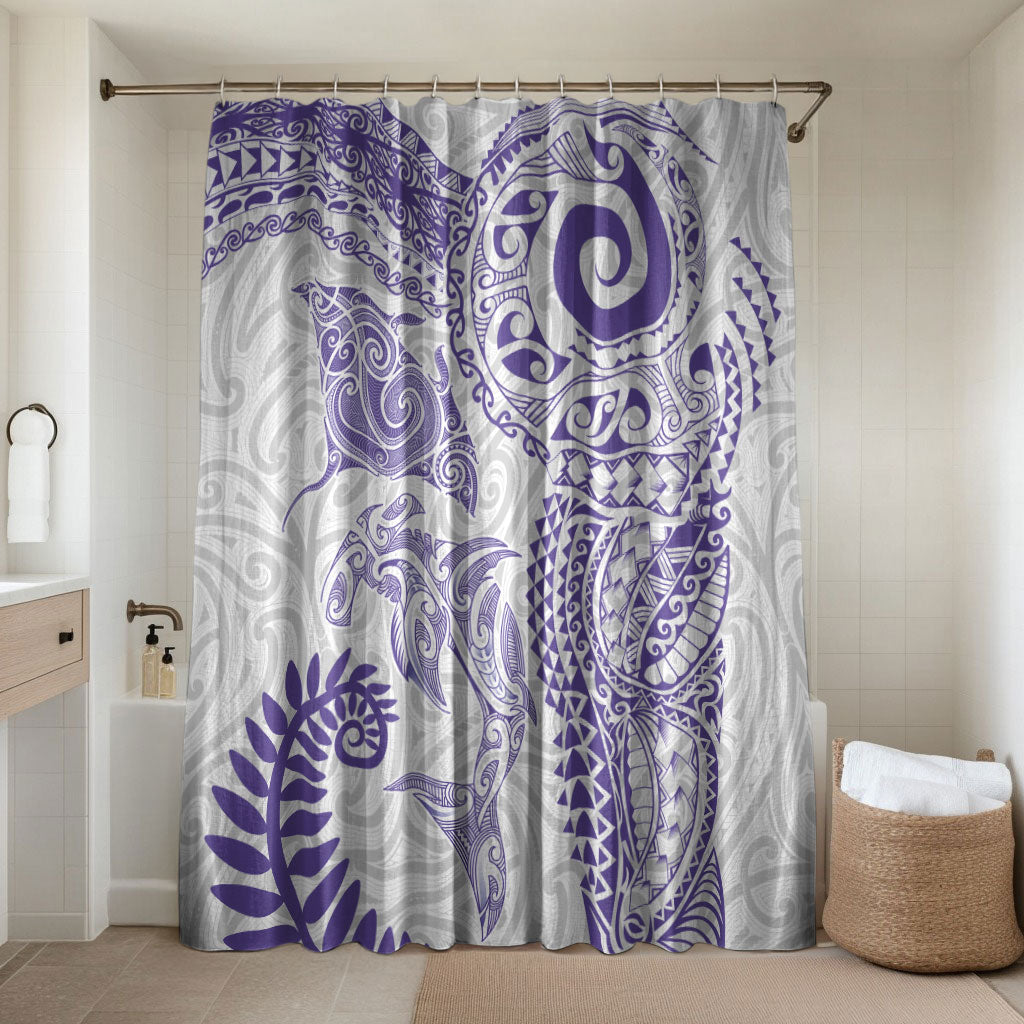 Aotearoa Maori Sea Animals Tribal Bathroom Set Manta Ray and Shark Moko Pattern Purple Color LT03 Shower Curtain Only Purple - Polynesian Pride
