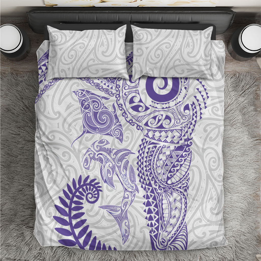 Aotearoa Maori Sea Animals Tribal Bedding Set Manta Ray and Shark Moko Pattern Purple Color LT03 Purple - Polynesian Pride
