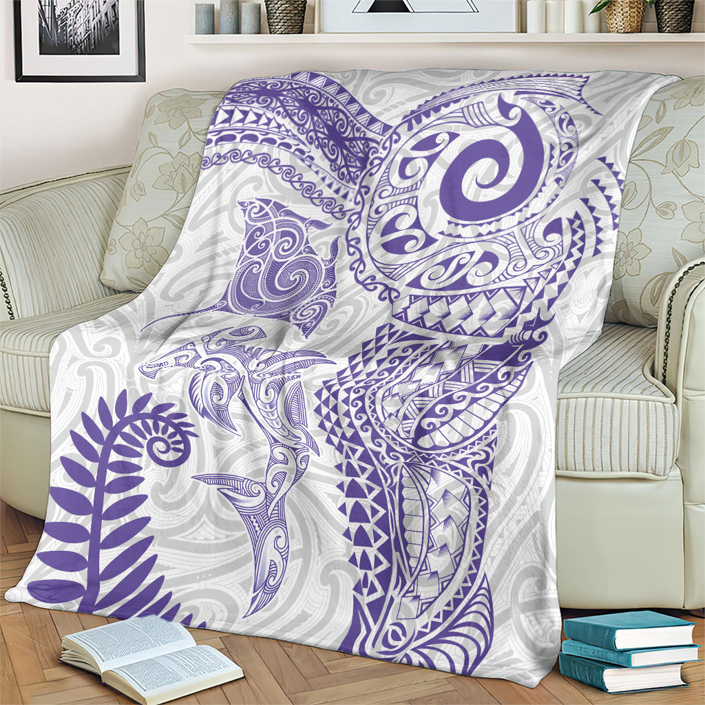 Aotearoa Maori Sea Animals Tribal Blanket Manta Ray and Shark Moko Pattern Purple Color LT03 - Polynesian Pride
