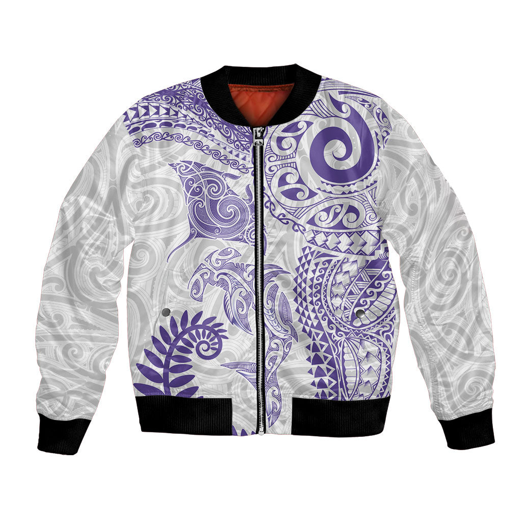 Aotearoa Maori Sea Animals Tribal Bomber Jacket Manta Ray and Shark Moko Pattern Purple Color LT03 Unisex Purple - Polynesian Pride