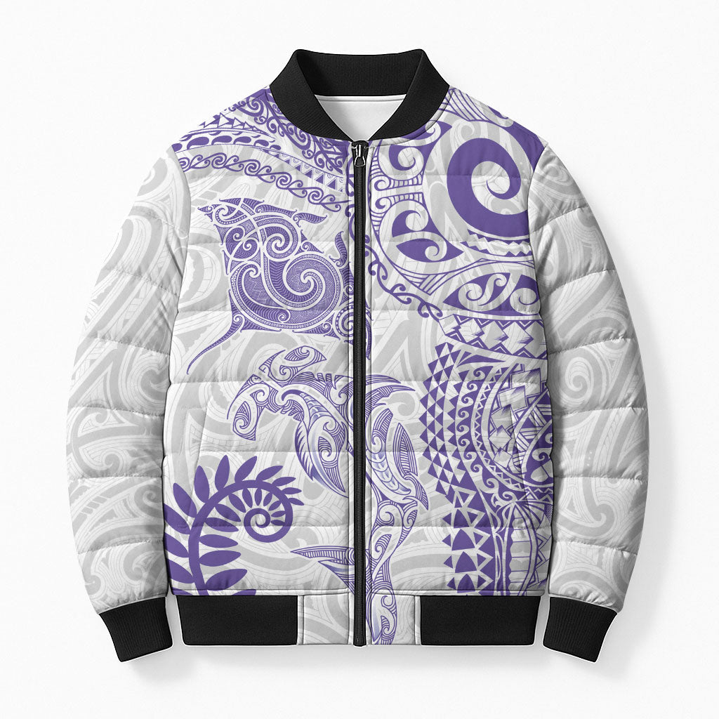 Aotearoa Maori Sea Animals Tribal Bomber Puffer Jacket Manta Ray and Shark Moko Pattern Purple Color LT03 Unisex Purple - Polynesian Pride