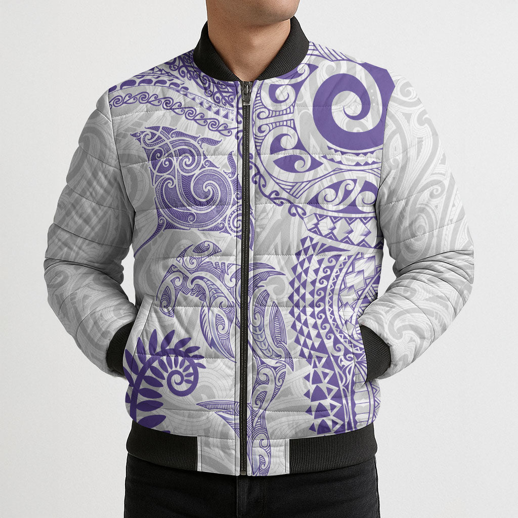 Aotearoa Maori Sea Animals Tribal Bomber Puffer Jacket Manta Ray and Shark Moko Pattern Purple Color LT03 - Polynesian Pride