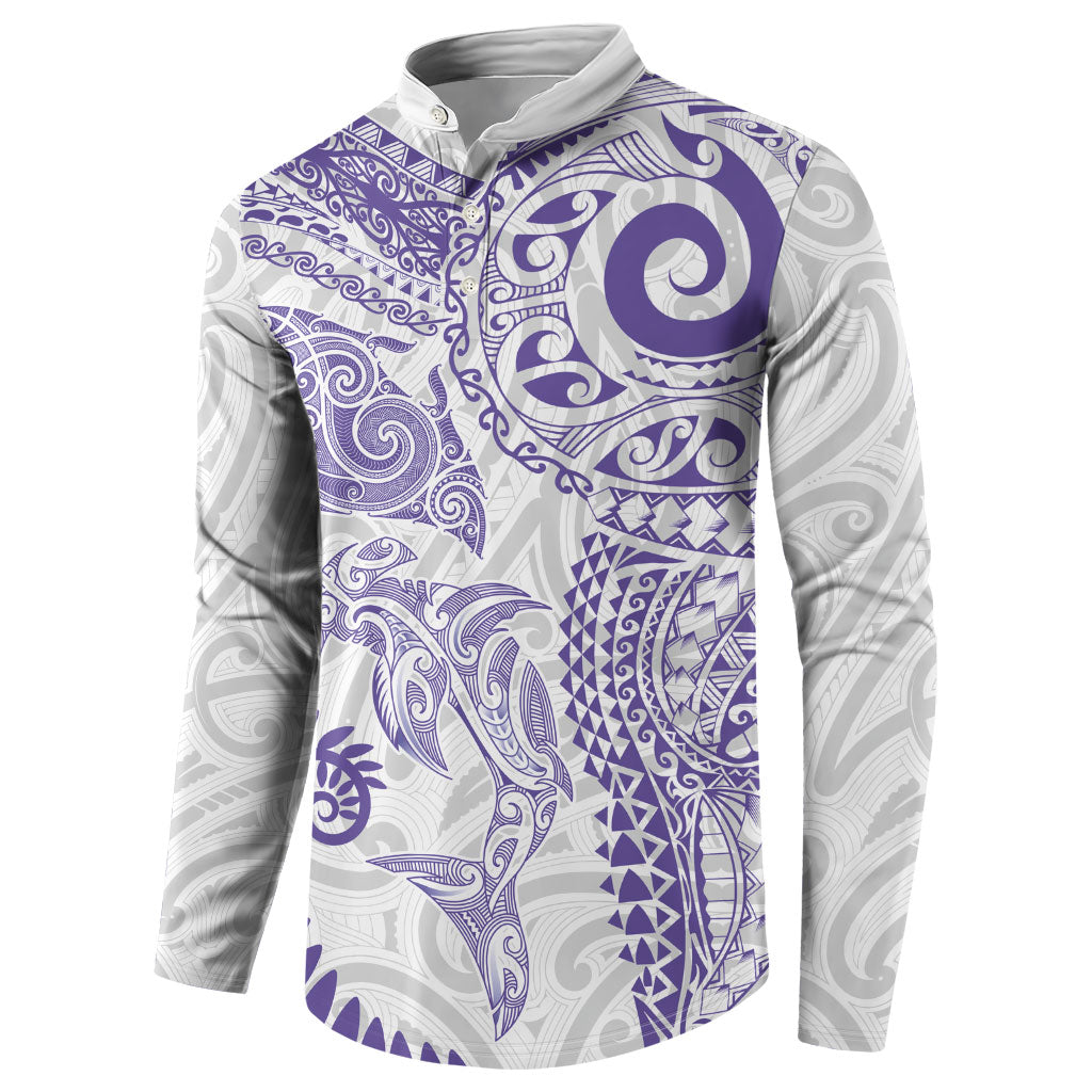 Aotearoa Maori Sea Animals Tribal Button Sweatshirt Manta Ray and Shark Moko Pattern Purple Color LT03 - Polynesian Pride