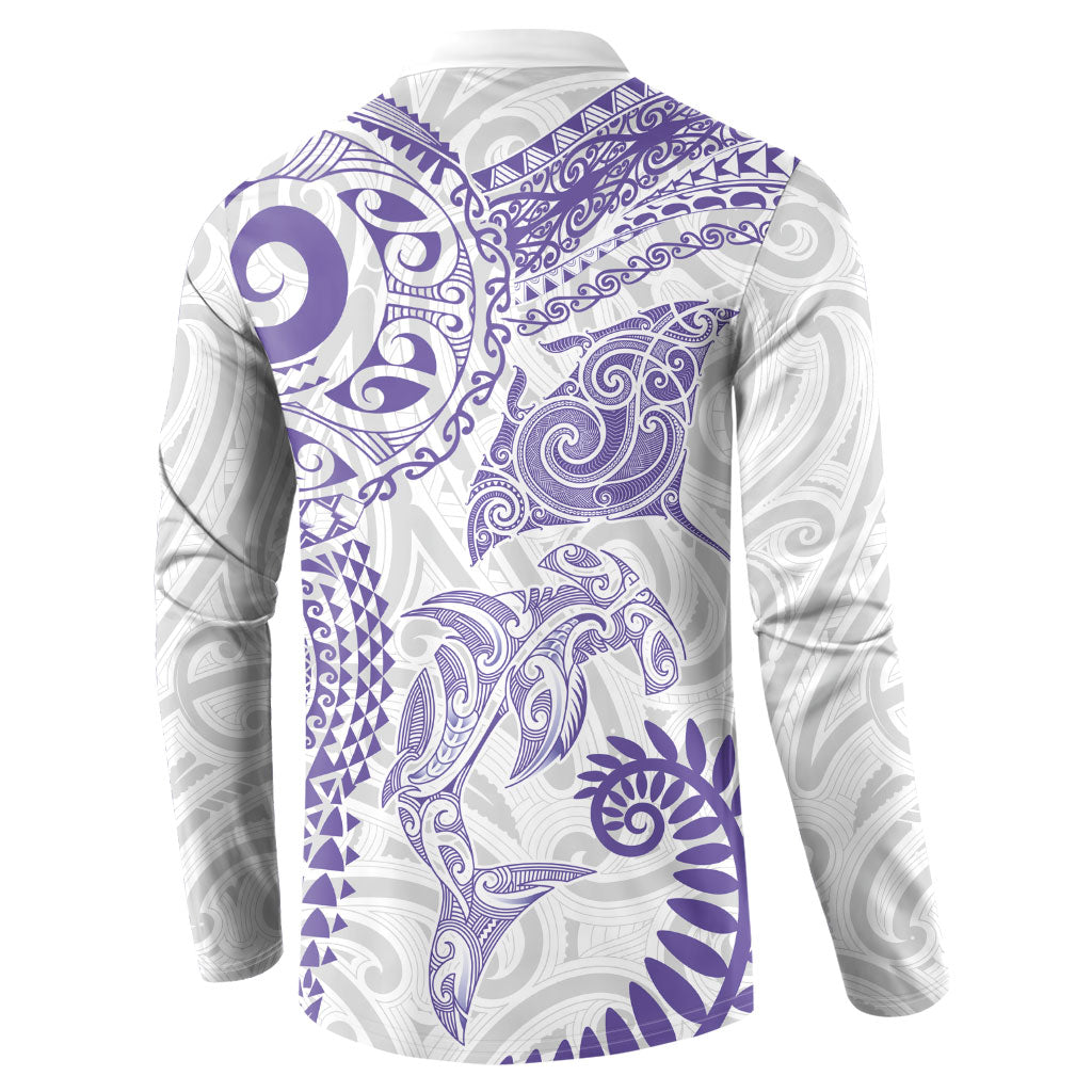 Aotearoa Maori Sea Animals Tribal Button Sweatshirt Manta Ray and Shark Moko Pattern Purple Color LT03 - Polynesian Pride