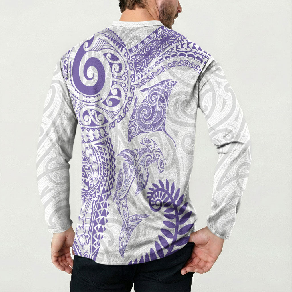 Aotearoa Maori Sea Animals Tribal Button Sweatshirt Manta Ray and Shark Moko Pattern Purple Color LT03 - Polynesian Pride