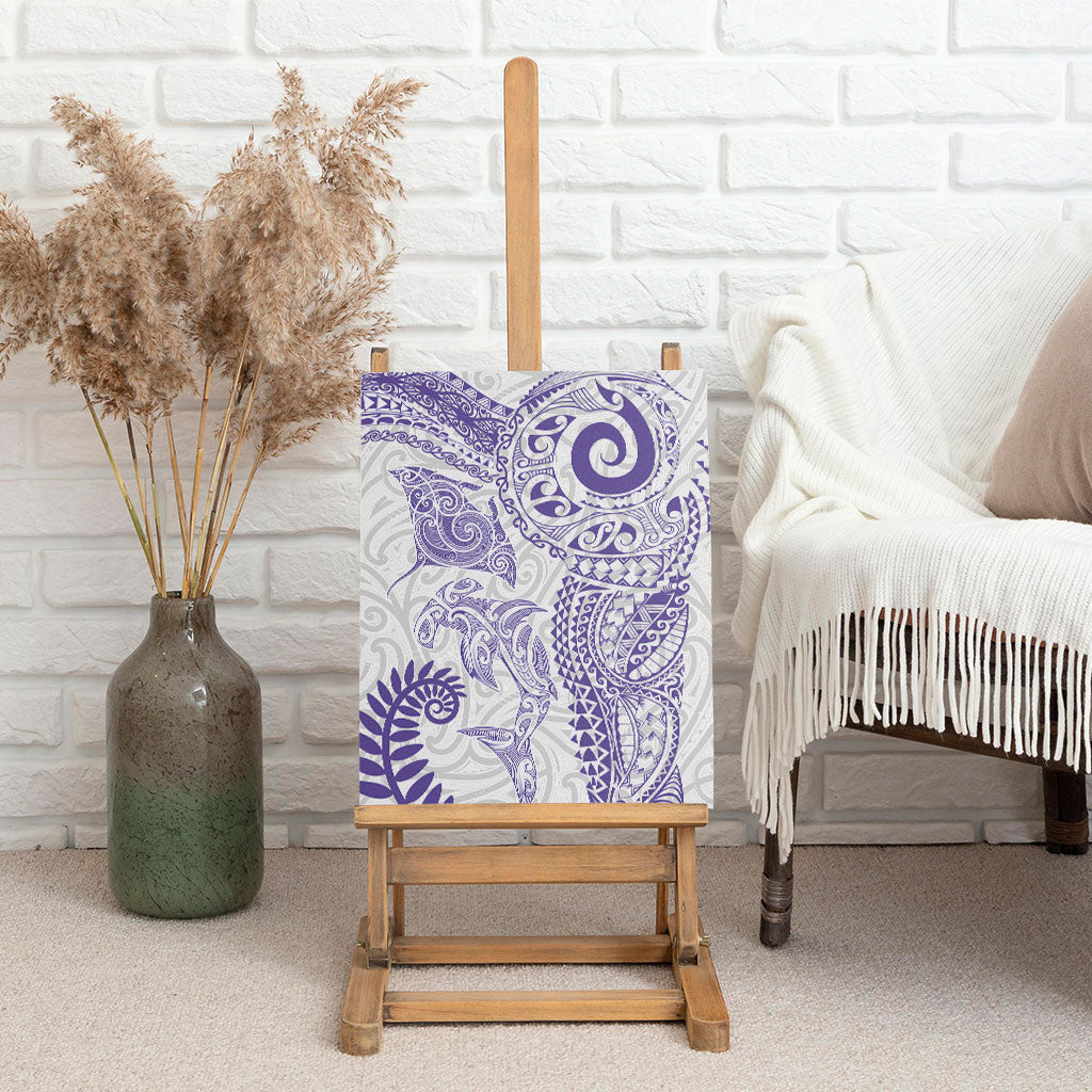 Aotearoa Maori Sea Animals Tribal Canvas Wall Art Manta Ray and Shark Moko Pattern Purple Color