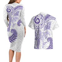 Aotearoa Maori Sea Animals Tribal Couples Matching Long Sleeve Bodycon Dress and Hawaiian Shirt Manta Ray and Shark Moko Pattern Purple Color