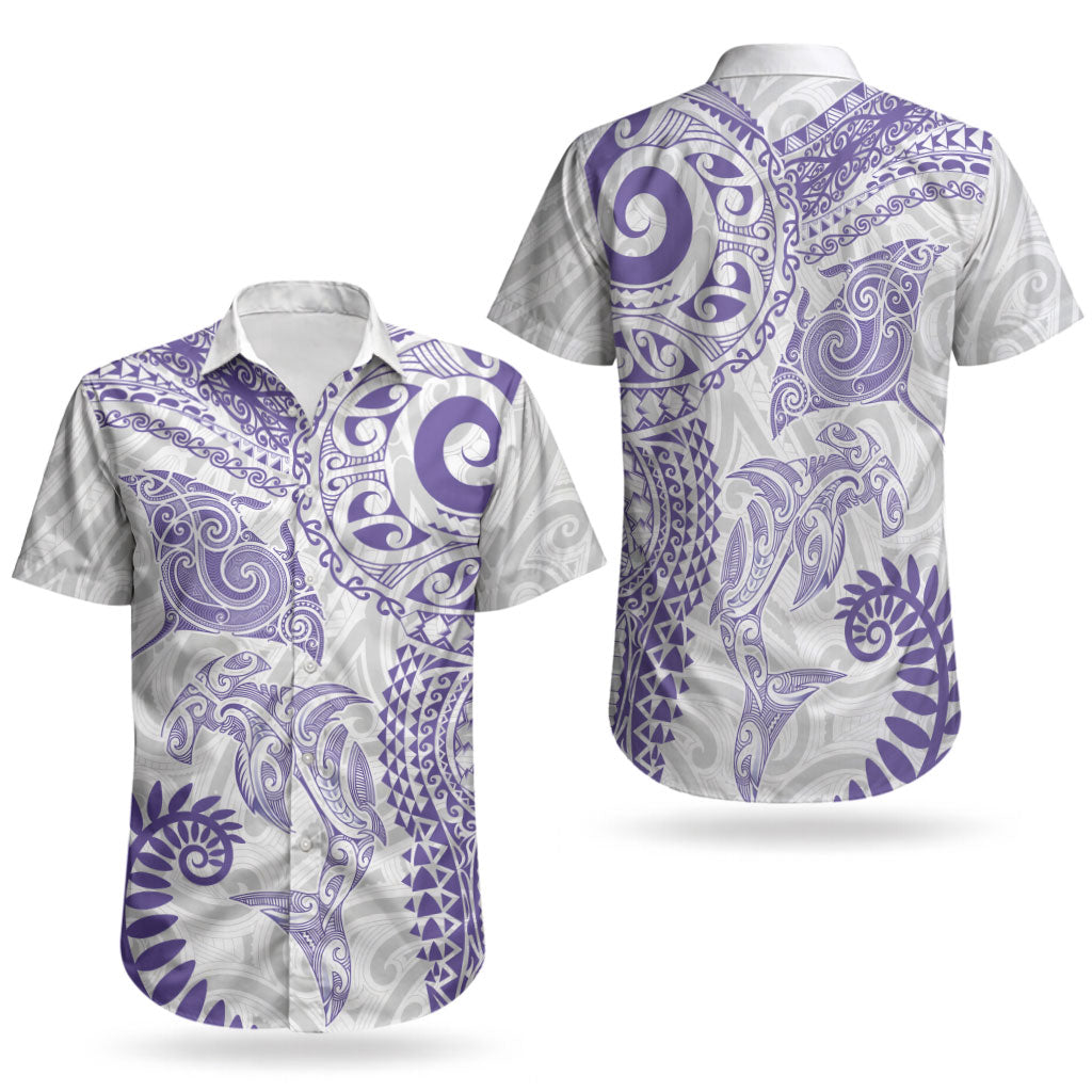 Aotearoa Maori Sea Animals Tribal Couples Matching Mermaid Dress and Hawaiian Shirt Manta Ray and Shark Moko Pattern Purple Color LT03 - Polynesian Pride