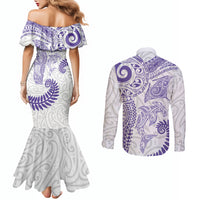 Aotearoa Maori Sea Animals Tribal Couples Matching Mermaid Dress and Long Sleeve Button Shirt Manta Ray and Shark Moko Pattern Purple Color