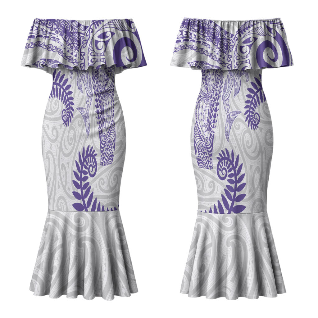 Aotearoa Maori Sea Animals Tribal Couples Matching Mermaid Dress and Long Sleeve Button Shirt Manta Ray and Shark Moko Pattern Purple Color LT03 - Polynesian Pride