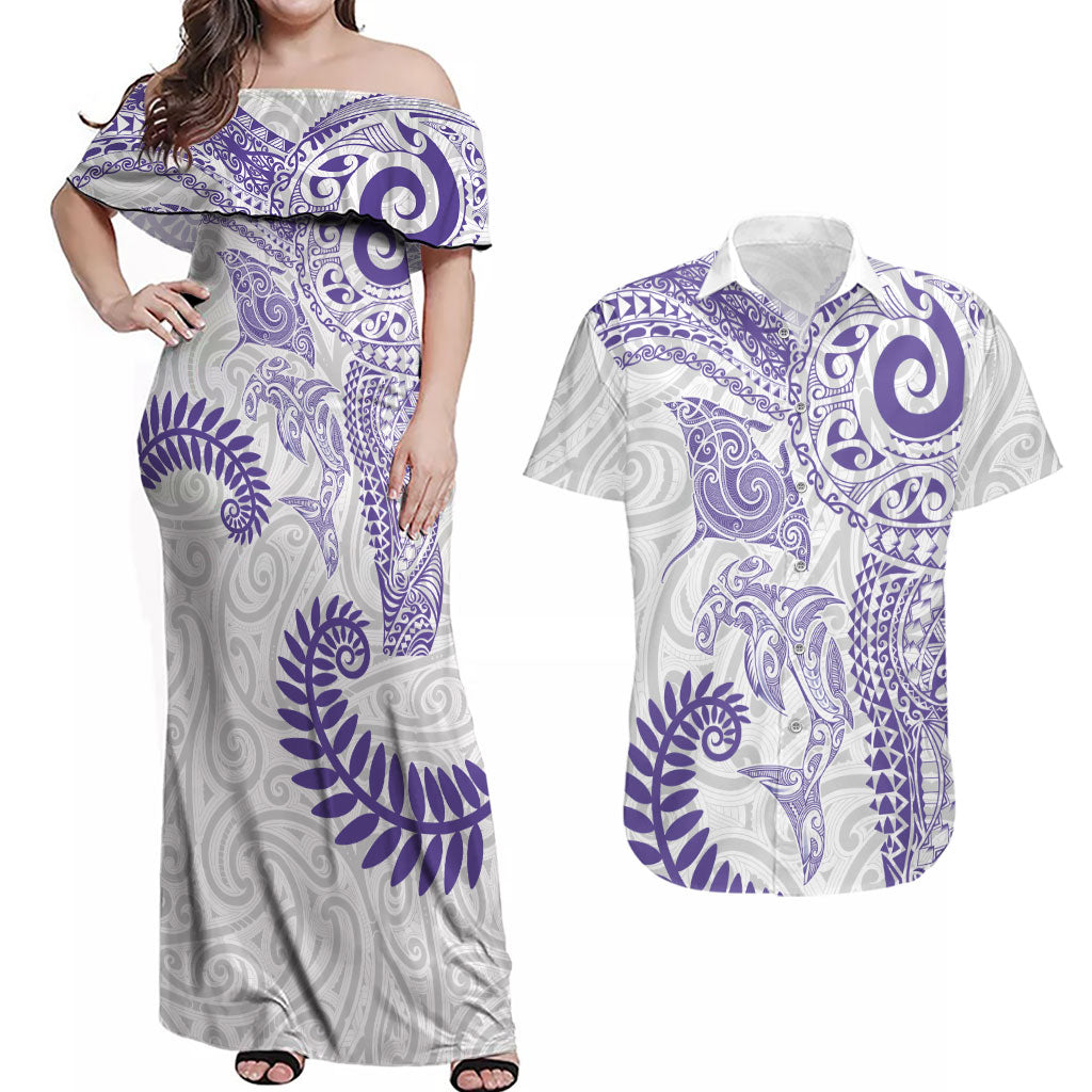 Aotearoa Maori Sea Animals Tribal Couples Matching Off Shoulder Maxi Dress and Hawaiian Shirt Manta Ray and Shark Moko Pattern Purple Color LT03 Purple - Polynesian Pride