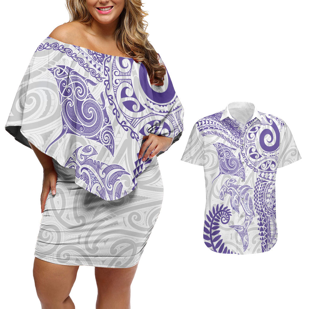 Aotearoa Maori Sea Animals Tribal Couples Matching Off Shoulder Short Dress and Hawaiian Shirt Manta Ray and Shark Moko Pattern Purple Color LT03 Purple - Polynesian Pride