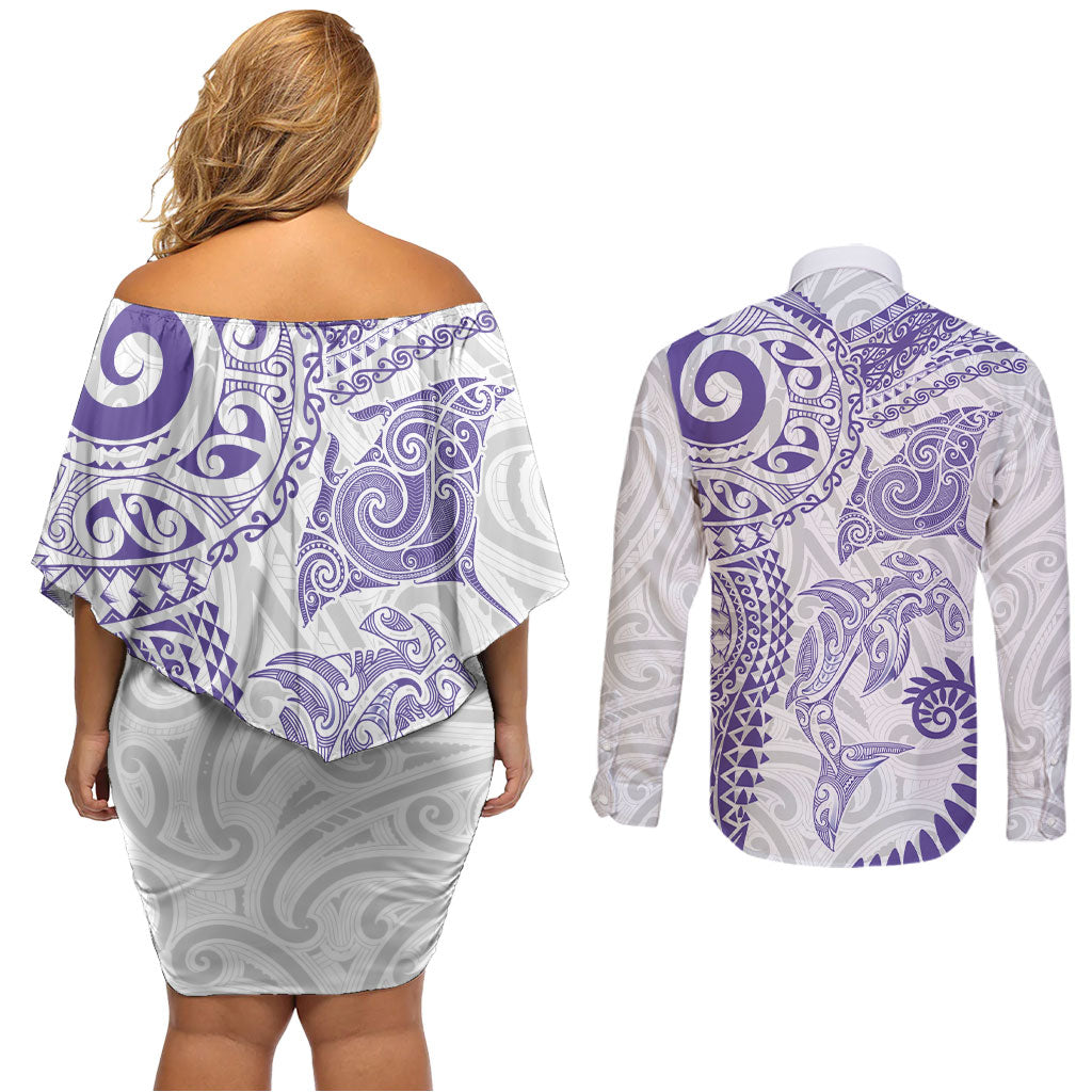 Aotearoa Maori Sea Animals Tribal Couples Matching Off Shoulder Short Dress and Long Sleeve Button Shirt Manta Ray and Shark Moko Pattern Purple Color