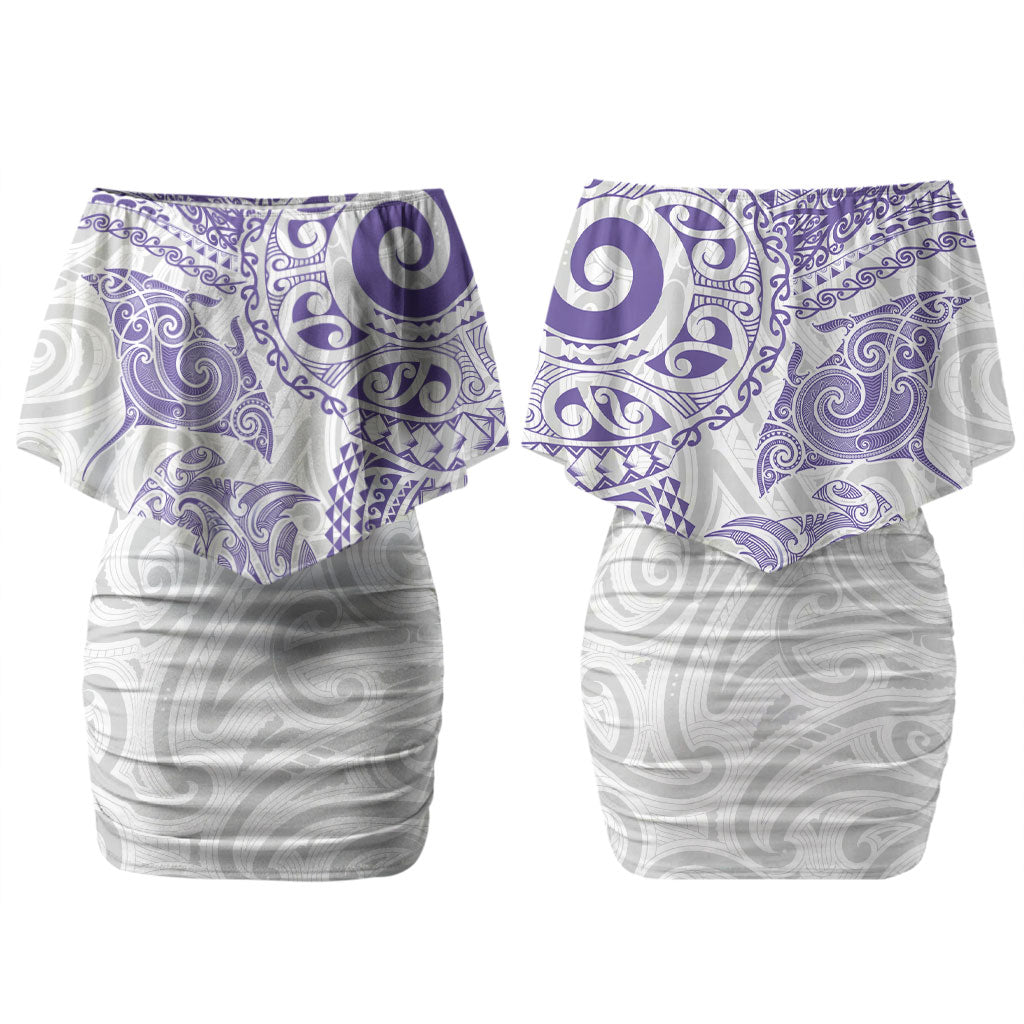 Aotearoa Maori Sea Animals Tribal Couples Matching Off Shoulder Short Dress and Long Sleeve Button Shirt Manta Ray and Shark Moko Pattern Purple Color LT03 - Polynesian Pride