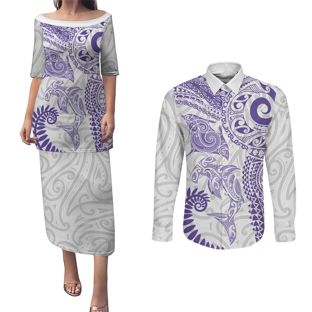 Aotearoa Maori Sea Animals Tribal Couples Matching Puletasi and Long Sleeve Button Shirt Manta Ray and Shark Moko Pattern Purple Color LT03 Purple - Polynesian Pride