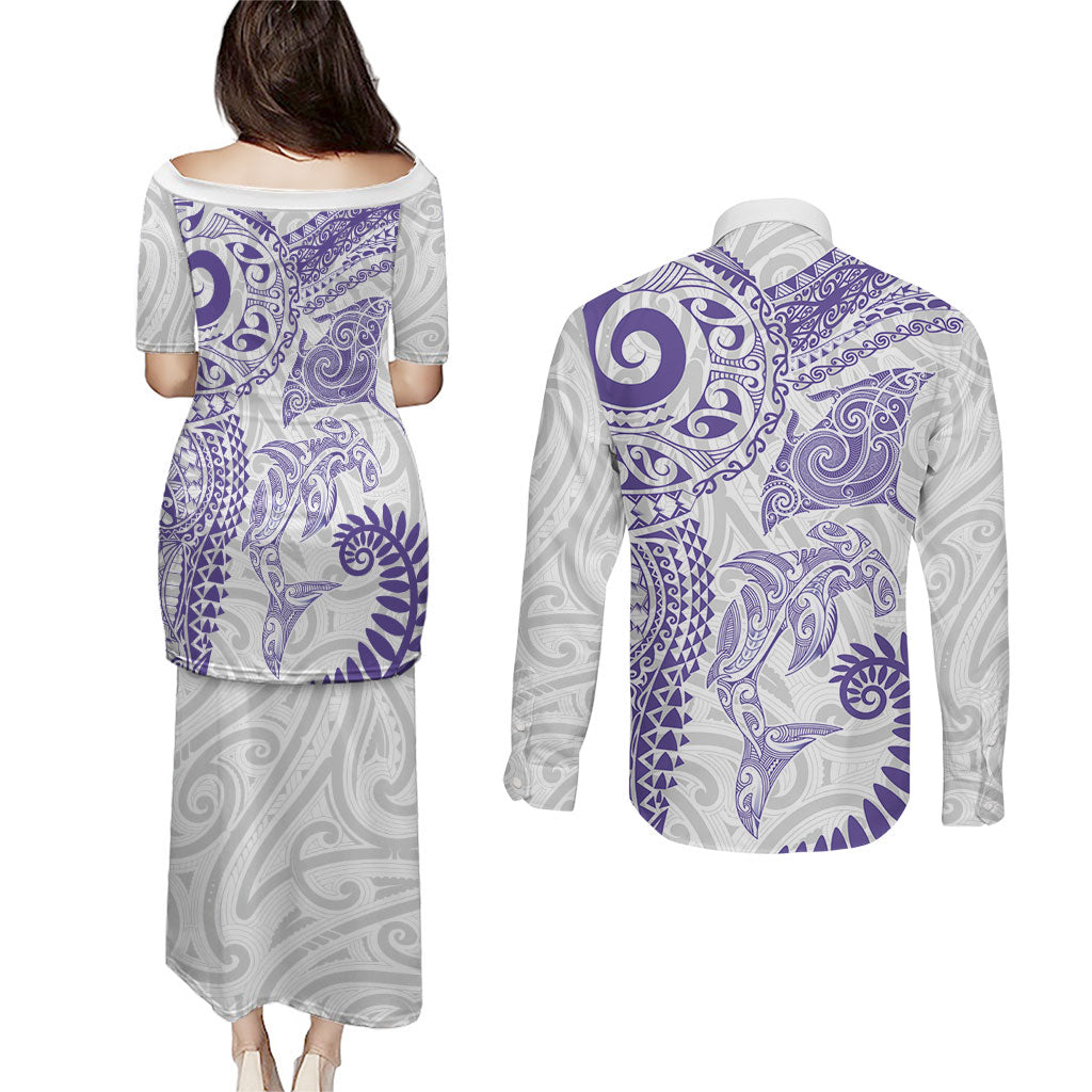 Aotearoa Maori Sea Animals Tribal Couples Matching Puletasi and Long Sleeve Button Shirt Manta Ray and Shark Moko Pattern Purple Color