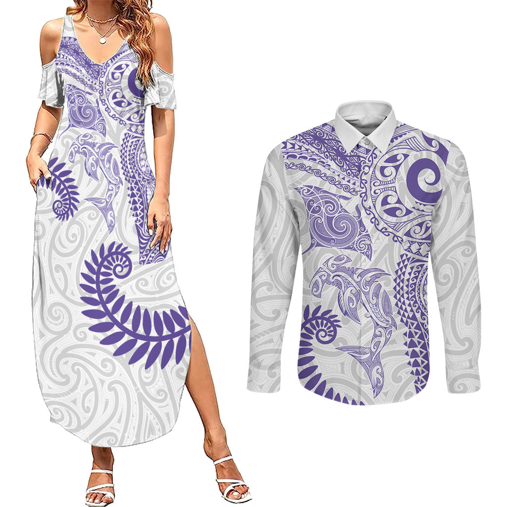Aotearoa Maori Sea Animals Tribal Couples Matching Summer Maxi Dress and Long Sleeve Button Shirt Manta Ray and Shark Moko Pattern Purple Color